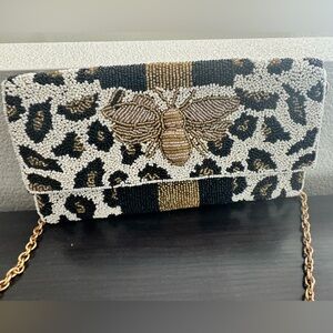 America & Beyond Beaded Leopard-Print Evening Clutch with Gold Bee Accent